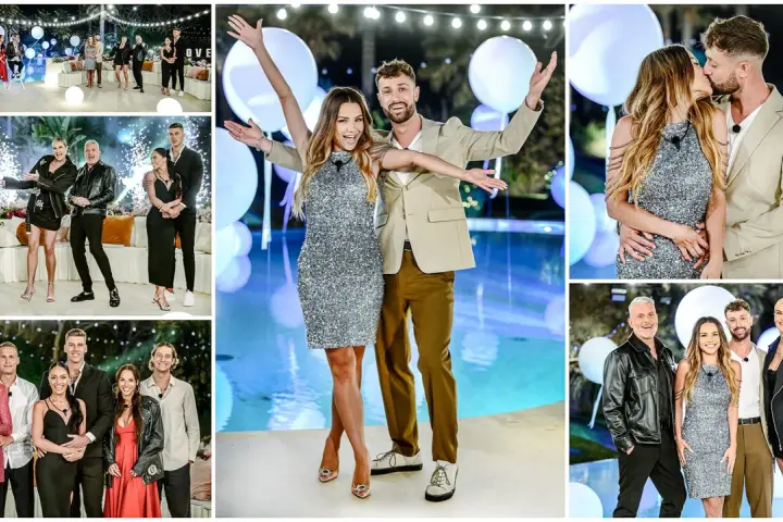 Uczestnicy Love Island 7 w błyszczących kreacjach i eleganckich garniturach pozują do zdjęć. Widać pary, które się całują i grupy przyjaciół.