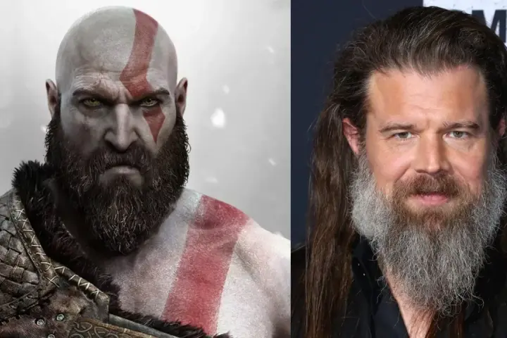 Kratos, bóg wojny, obok aktora przypominającego go wyglądem.