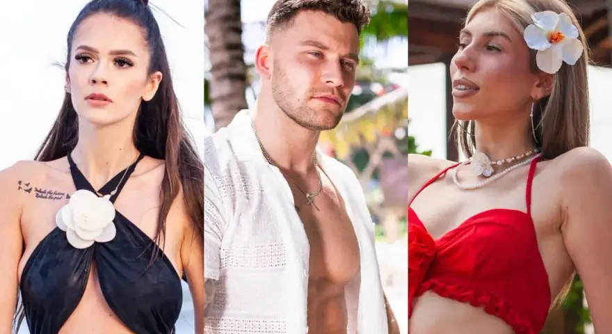 Trzy osoby na tle tropikalnego hotelu. Kobieta w czarnym stroju kąpielowym, mężczyzna w białej koszuli i kobieta w czerwonym bikini. Hotel Paradise 12.