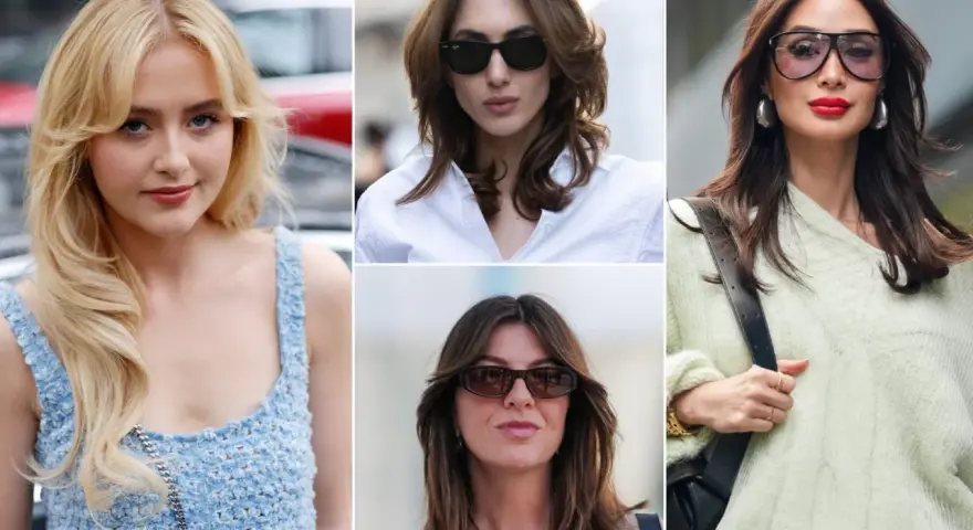 Kolaż zdjęć kobiet z różnymi fryzurami i grzywkami w stylu Hollywood.