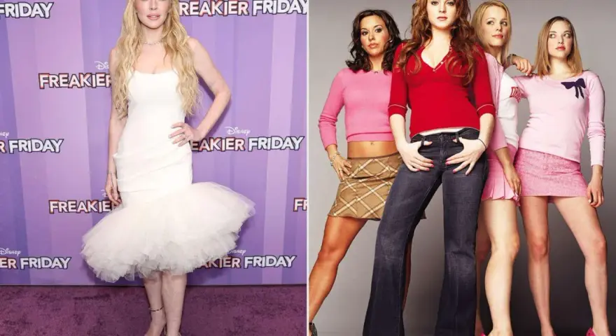 Lindsay Lohan w białej sukni i jako Regina George z "Wrednych dziewczyn".
