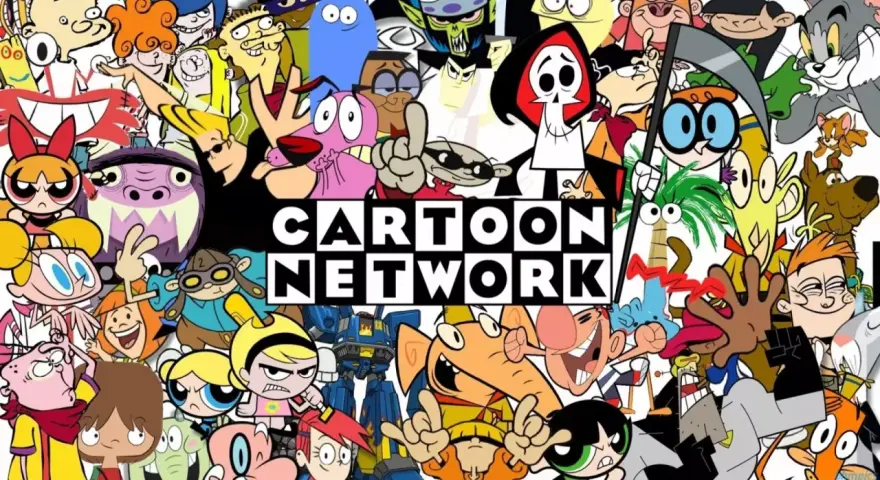 Wesołe postacie z klasycznych cartoon network bajki, w tym Atomówki, Krecik i Dexter, tworzą kolaż wokół logo.