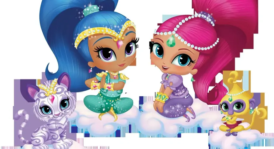 Dwie magiczne dżinny, Shimmer i Shine, siedzą na chmurkach z tygryskiem i małpką. Ich stroje shimmer i shine.