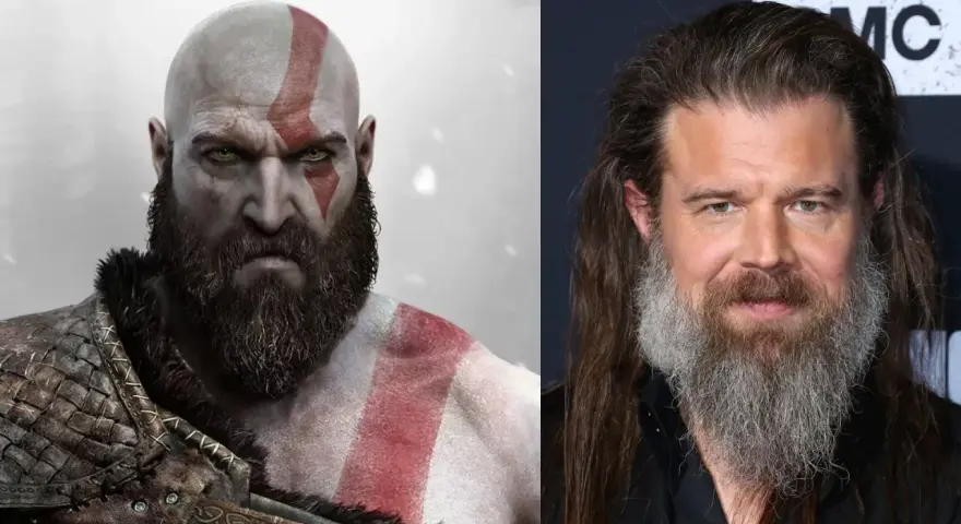 Kratos, bóg wojny, obok aktora przypominającego go wyglądem.