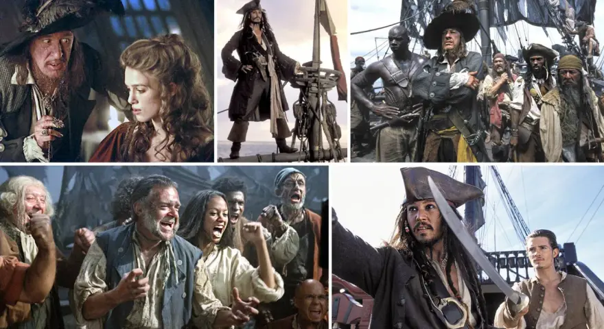 Kolaż scen z filmu "Piraci z Karaibów: Klątwa Czarnej Perły". Kapitan Jack Sparrow i jego załoga w akcji.