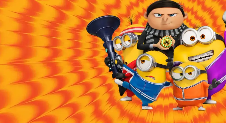 Minionki wejście Gru! Gru trzyma klejnot, a minionki w sportowych strojach pozują z gadżetami.