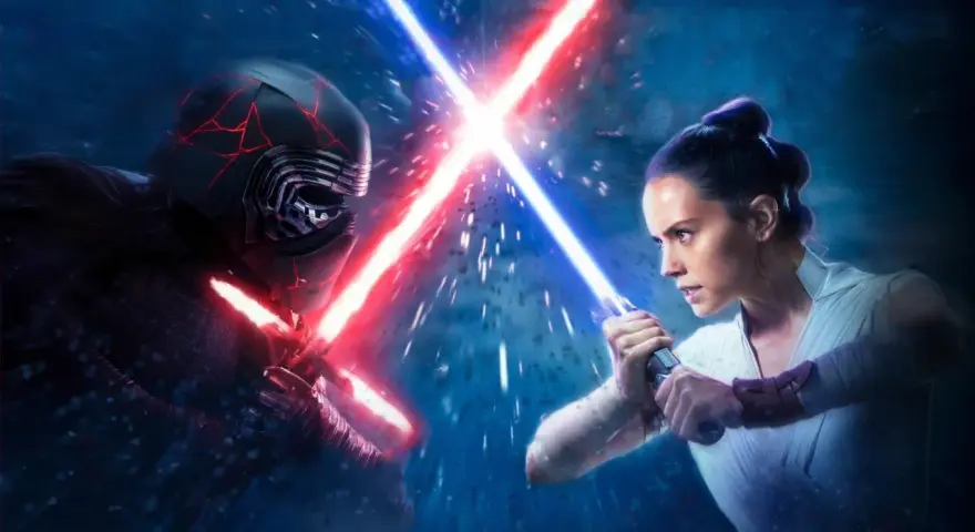 Kylo Ren i Rey, dwójka walczących ze sobą **jedi**, krzyżują miecze świetlne w epickim starciu.