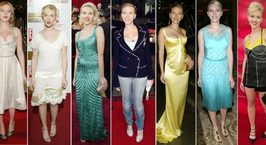 Scarlett Johansson w różnych kreacjach na czerwonym dywanie. Jej wzrost to 160 cm.