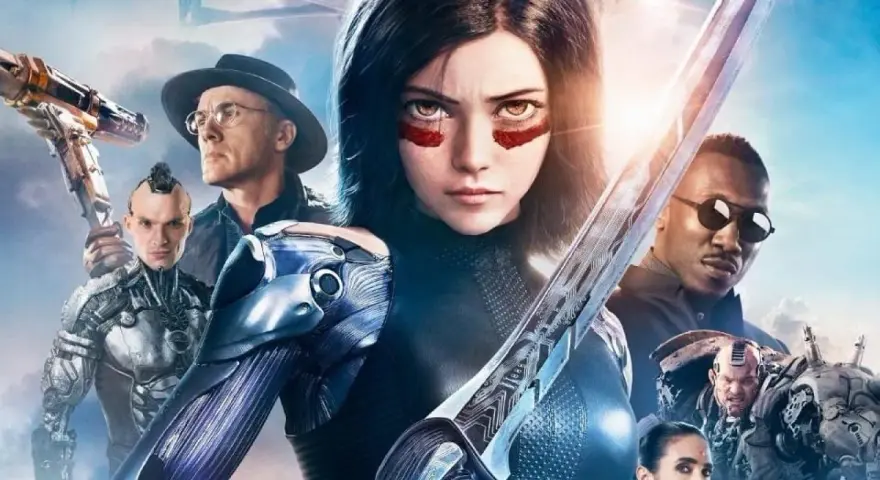 Alita Battle Angel: Alita z mieczem, otoczona przez innych bohaterów, w tym Hugo, Chiren i Ido.