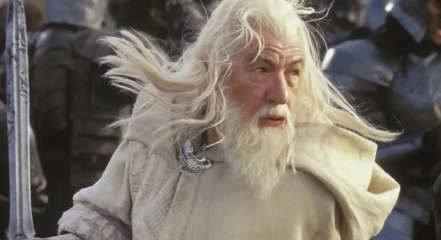Gandalf z długą, siwą brodą i włosami, w białym płaszczu, gotowy do walki.