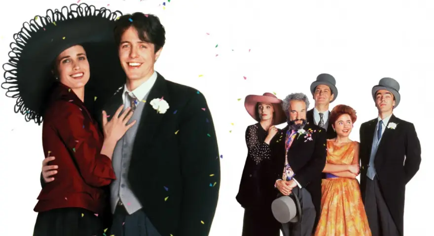 Para cztery wesela i pogrzeb: Hugh Grant i Andie MacDowell w otoczeniu przyjaciół, w tle konfetti.