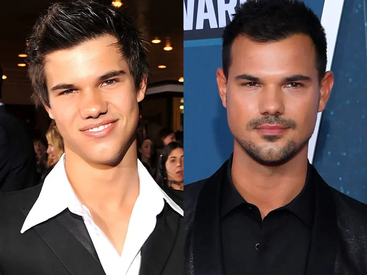 Taylor Lautner: młodszy, uśmiechnięty w białej koszuli i marynarce, oraz starszy, z zarostem, w czarnej koszuli. Zmierzch po kolei.