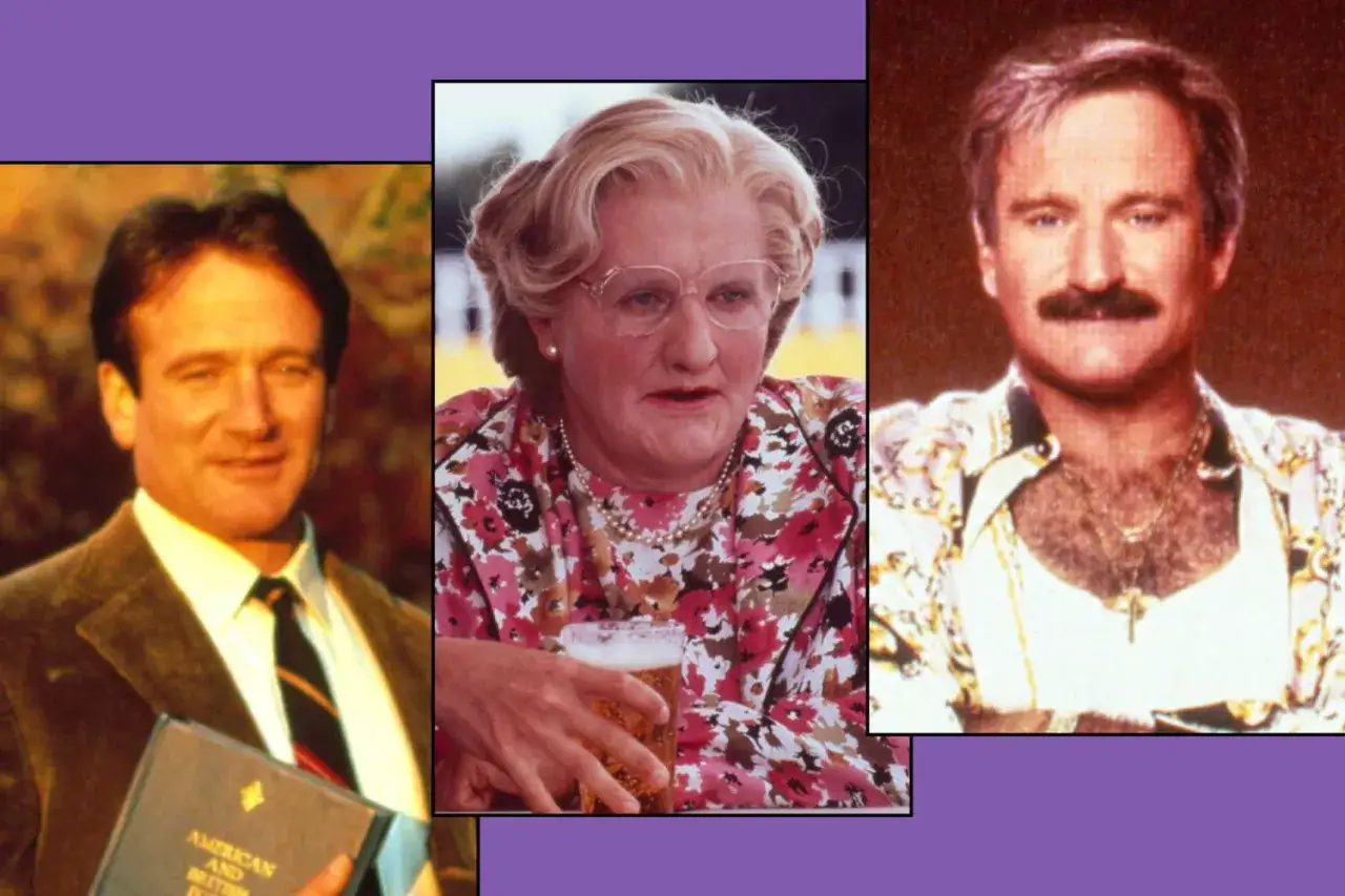 Trzy ujęcia Robina Williamsa: jako nauczyciel, w roli Pani Doubtfire i w stroju z wąsami. W jakich filmach grał Robin Williams?