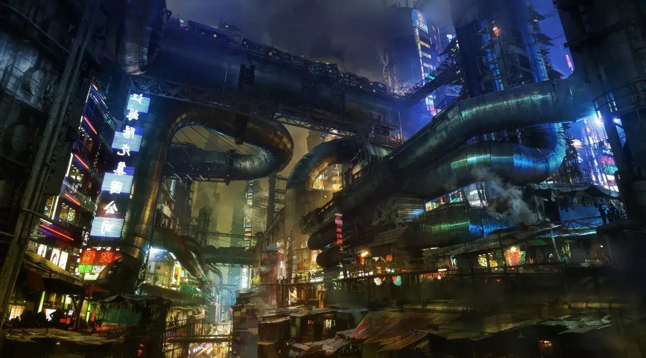 Mroczne, cyberpunkowe miasto z neonowymi szyldami i gigantycznymi rurami, przypominające scenerię z Alita: Battle Angel.