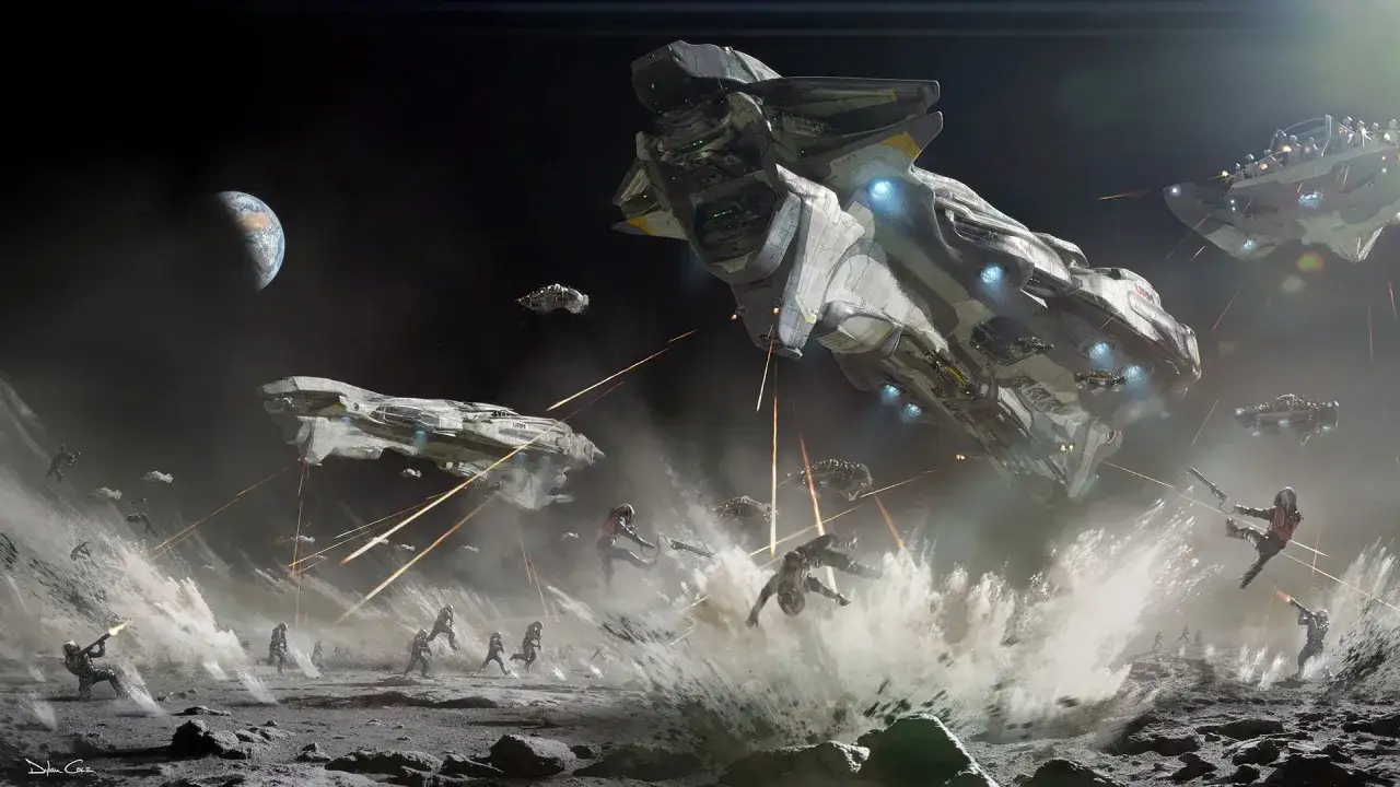Bitwa kosmiczna na księżycu, jak z Alita Battle Angel. Statki ostrzeliwują żołnierzy na powierzchni.