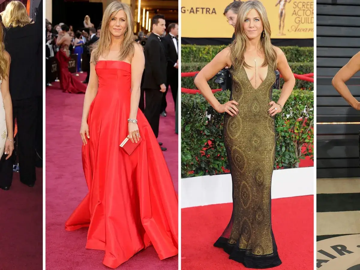 Jennifer Aniston na czerwonym dywanie w złotych i czerwonych kreacjach. Jej wzrost to 164 cm.