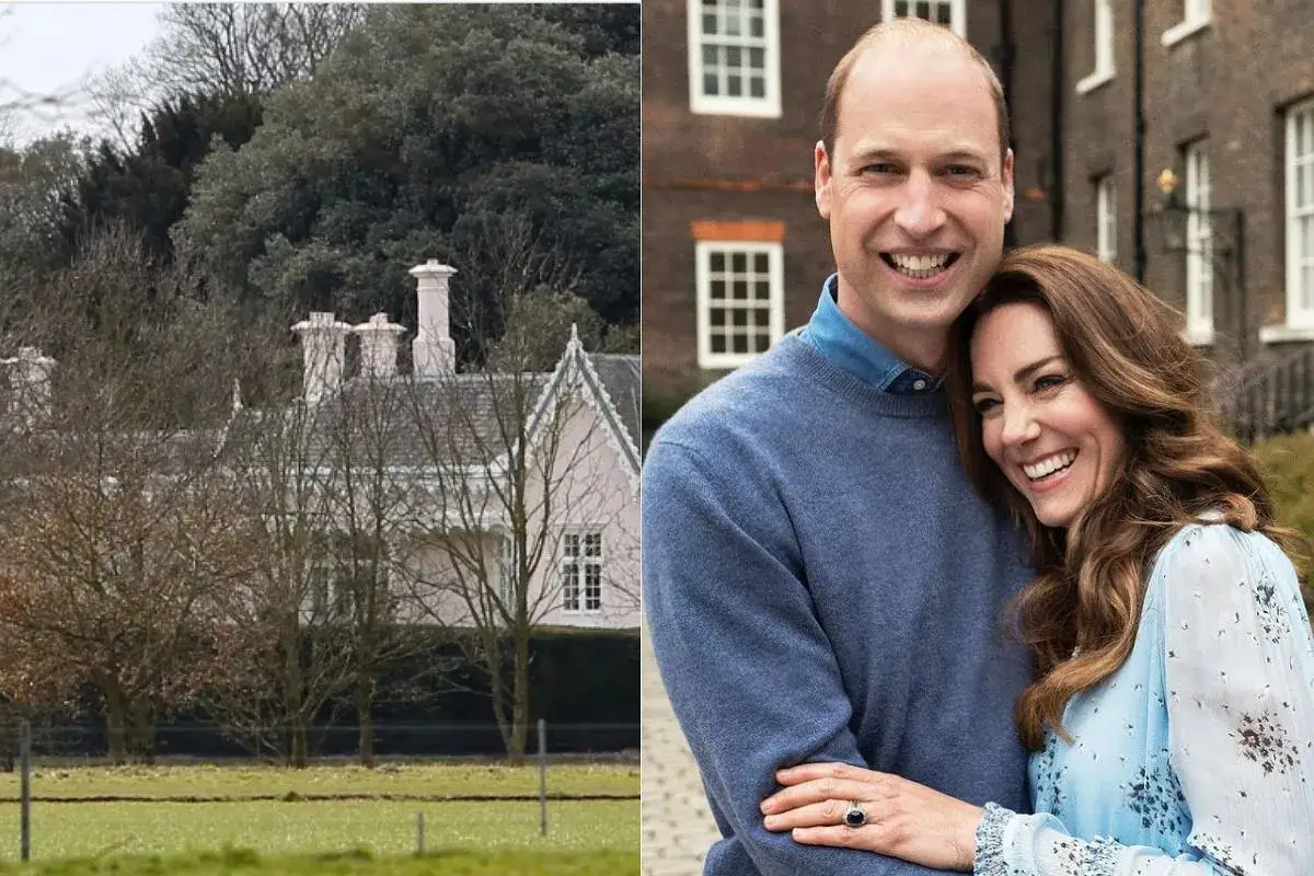 Uśmiechnięci William i Kate na tle domu. William i Kate, para królewska, w przytulnym uścisku.