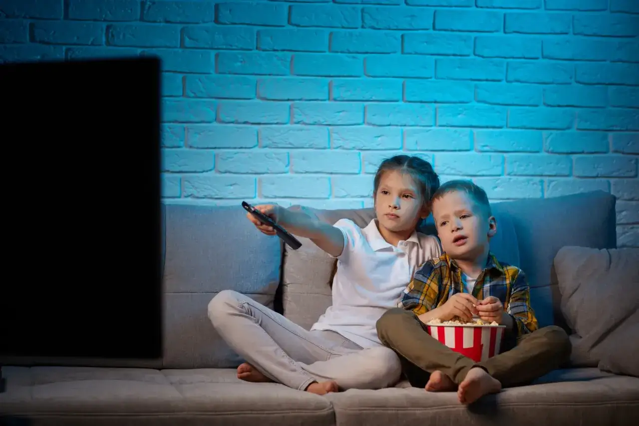 Dzieci oglądają fajne filmy dla dzieci, zajadając popcorn. Dziewczynka trzyma pilota, a chłopiec sięga do pudełka z przekąską.