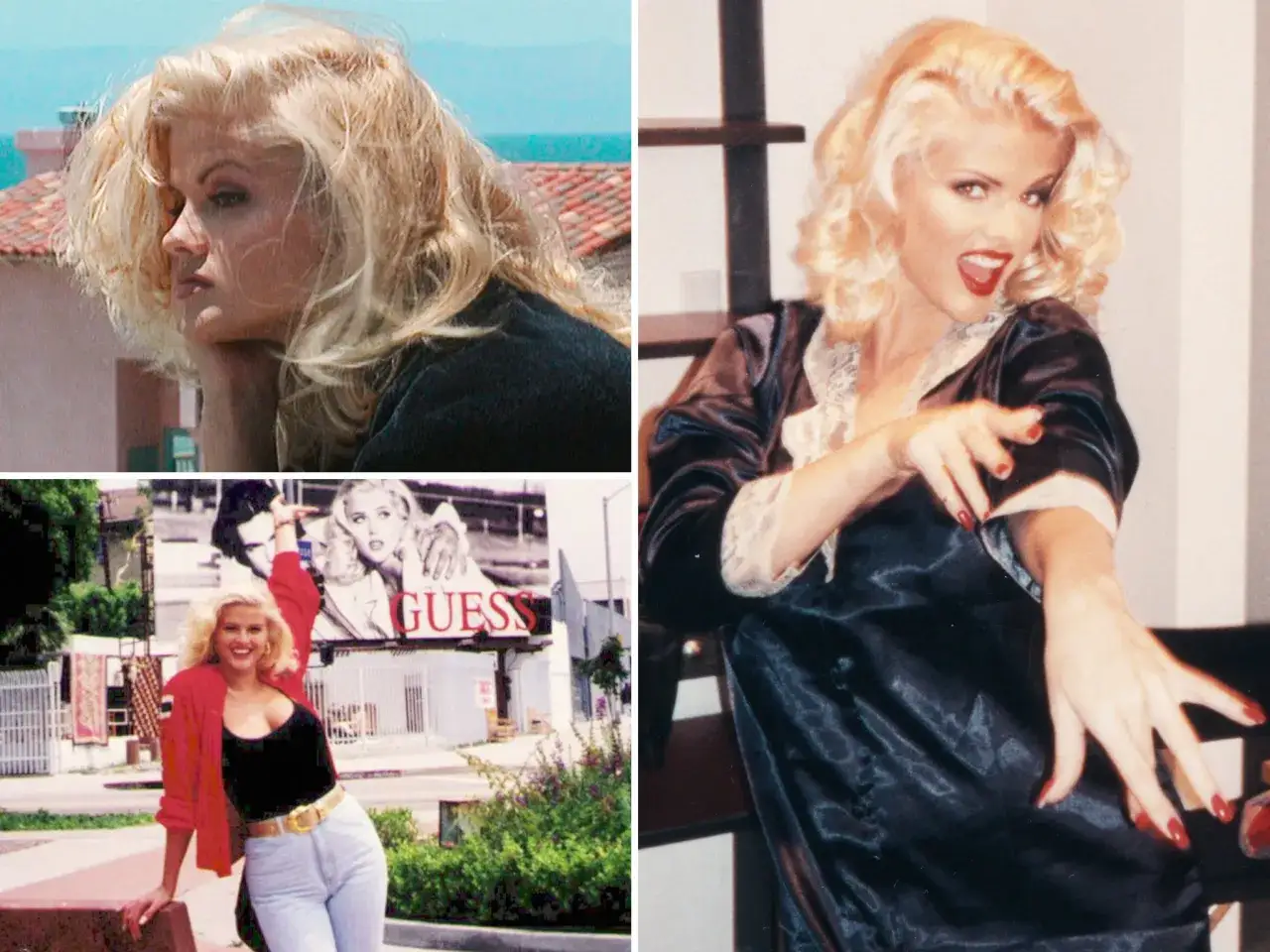 Anna Nicole Smith w różnych stylizacjach: zamyślona, pozująca w satynowej sukience i przed billboardem Guess.