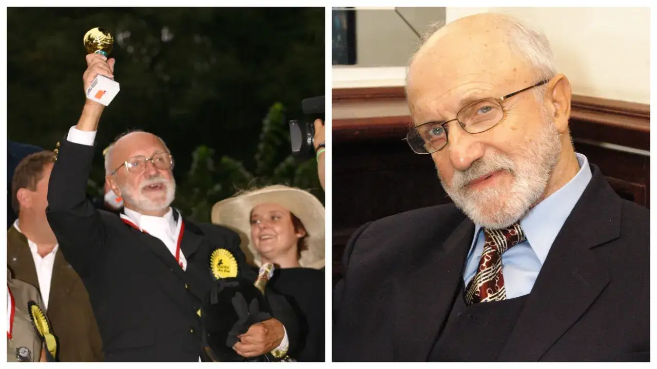 Henryk Machalica, zmarły w 2003 roku, świętuje sukces, trzymając puchar. Na drugim zdjęciu widać go w garniturze.