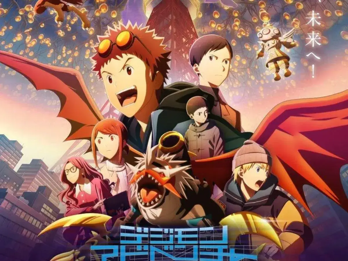 Grupa przyjaciół i ich Digimon w mieście nocą. W tle widać wieżę Tokyo Tower i japońskie napisy.