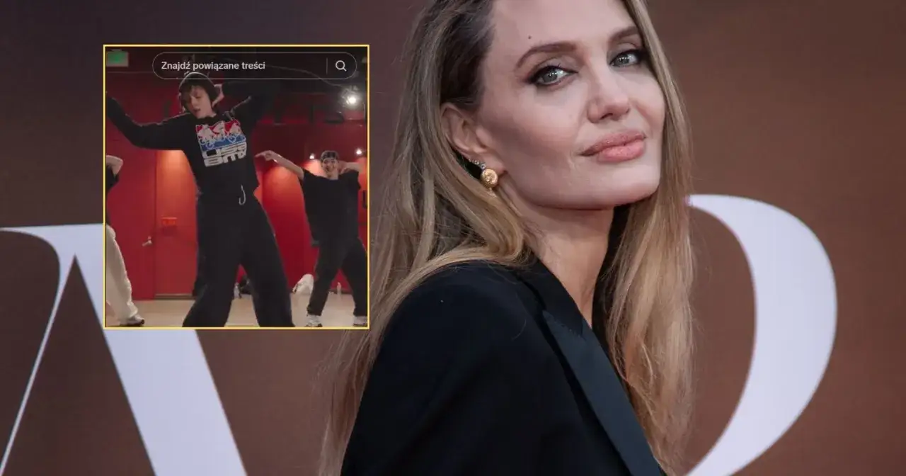 Angelina Jolie z córką Shiloh Jolie Pitt w centrum uwagi. Shiloh tańczy w sali treningowej, a Angelina pozuje na czerwonym dywanie.