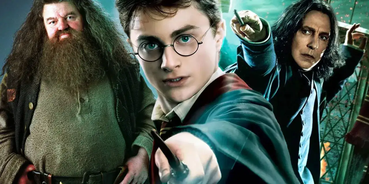 Harry Potter, Hagrid i Snape – ikoniczni bohaterowie serii, gotowi do walki.