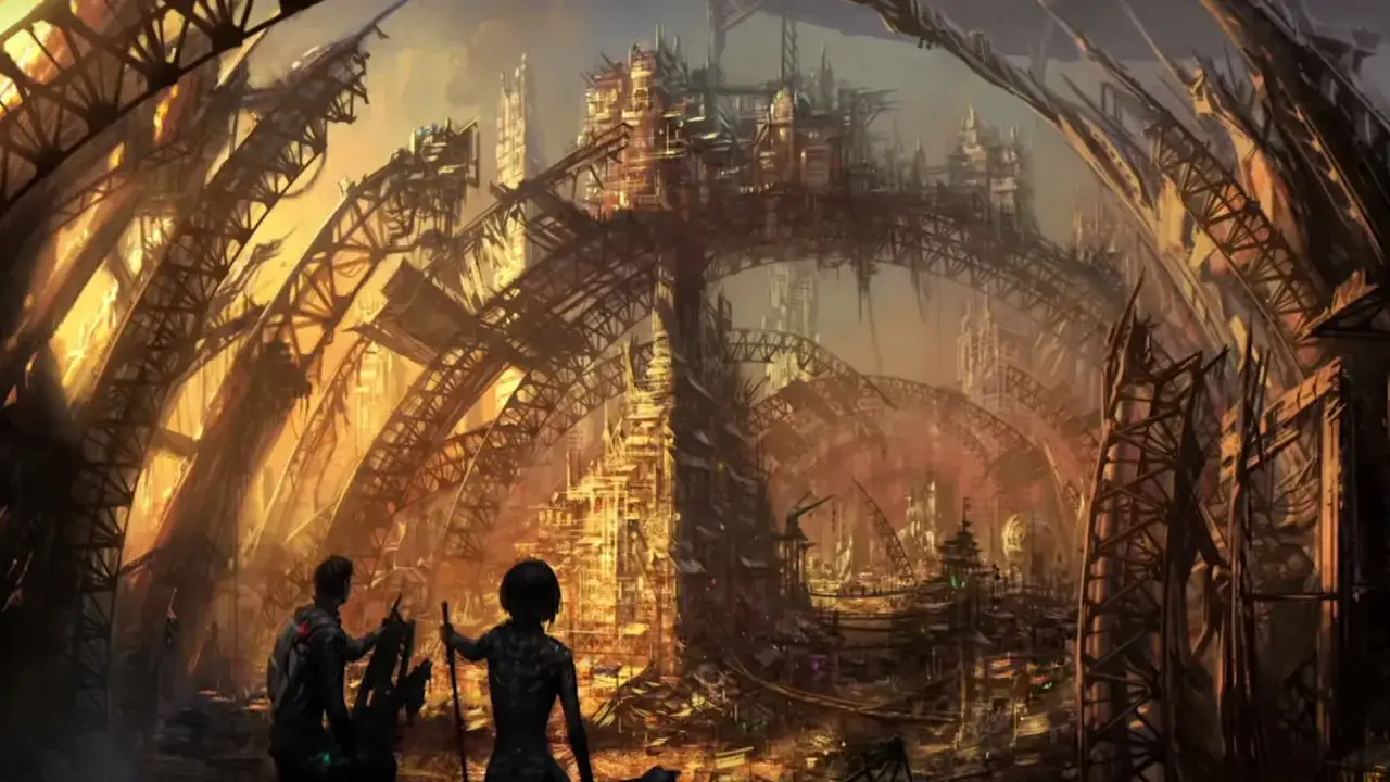 Dwie postacie stoją na tle futurystycznego miasta, przypominającego scenę z Alita: Battle Angel. Ogromne, metalowe konstrukcje tworzą labirynt.