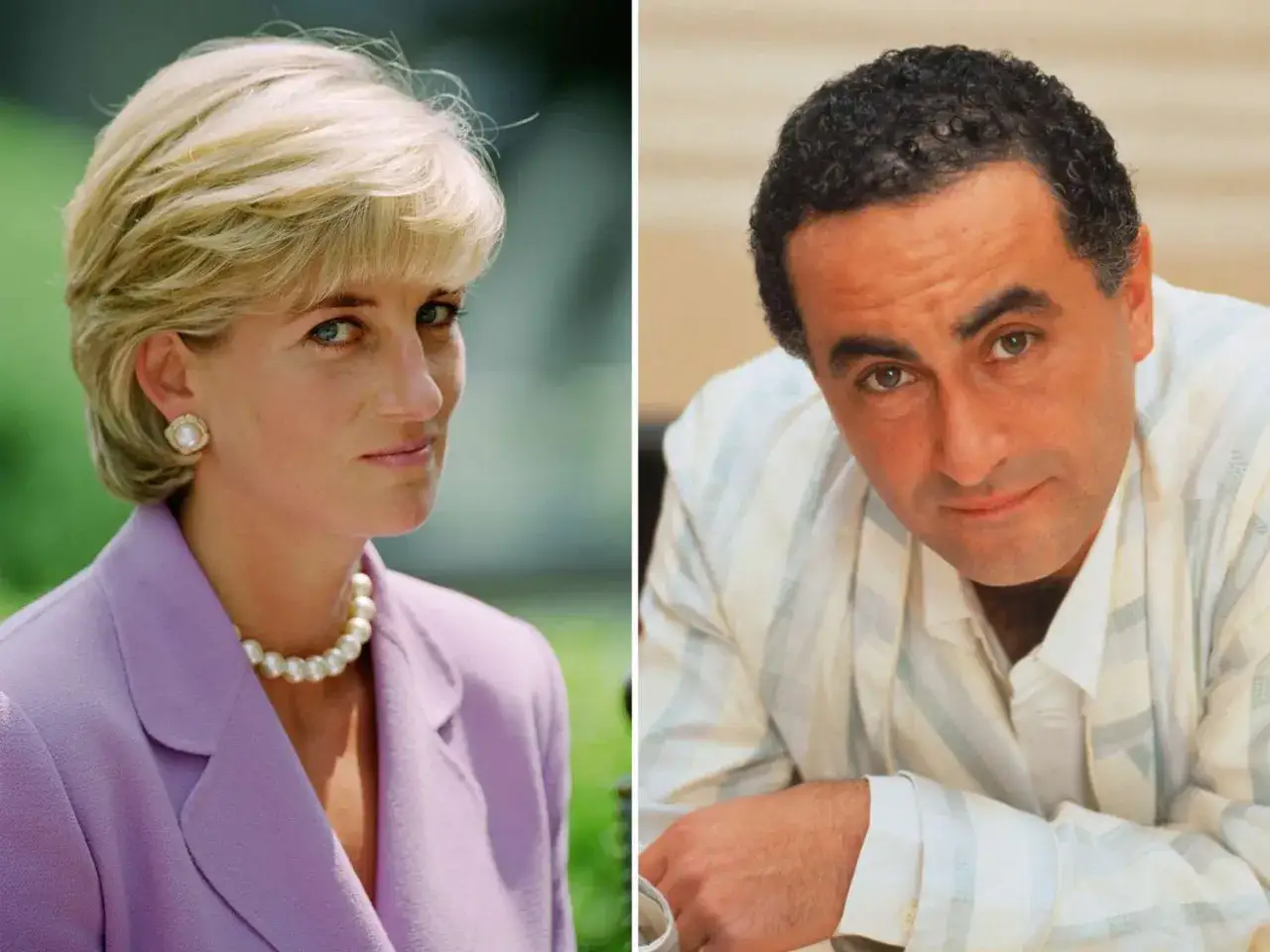Księżna Diana i Dodi Al Fayed, uśmiechnięci i pełni życia, w zestawieniu dwóch portretów.