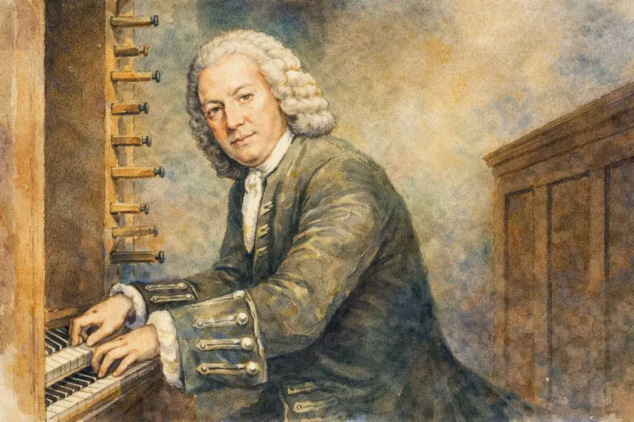 Portret Jana Sebastiana Bacha przy organach. Kompozytor w peruce i stroju z epoki pochyla się nad klawiaturą, tworząc muzykę.