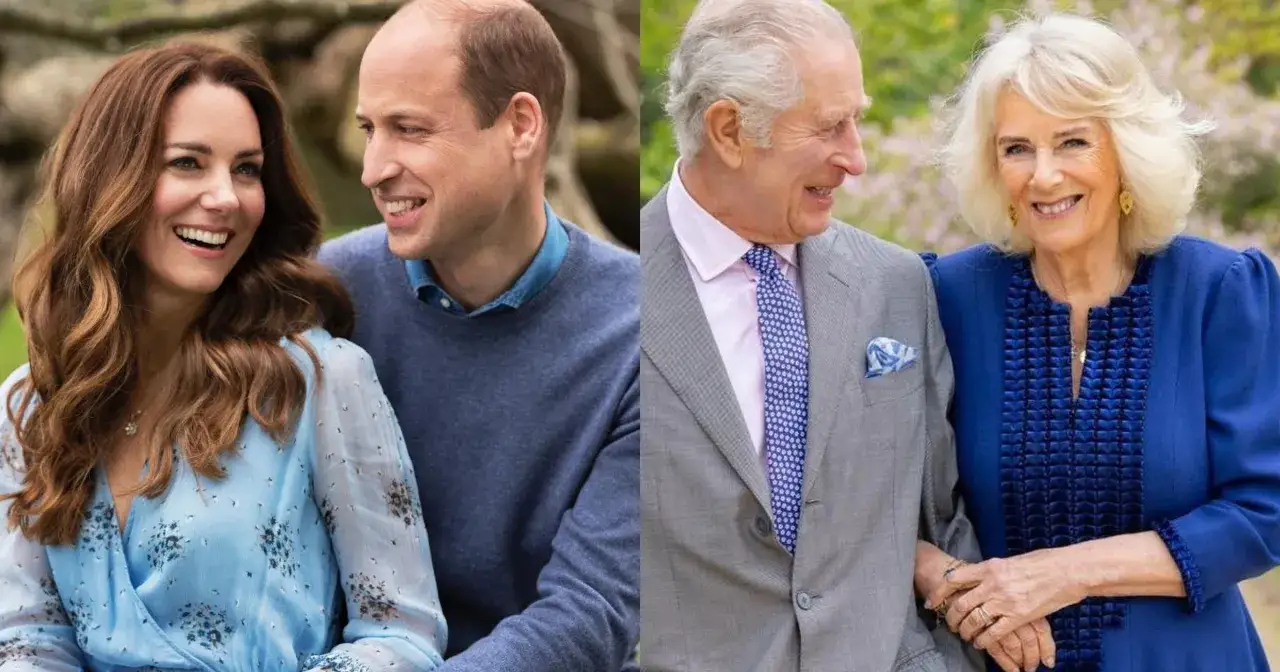 Uśmiechnięci William i Kate na pierwszym planie, obok król Karol i królowa Camilla.