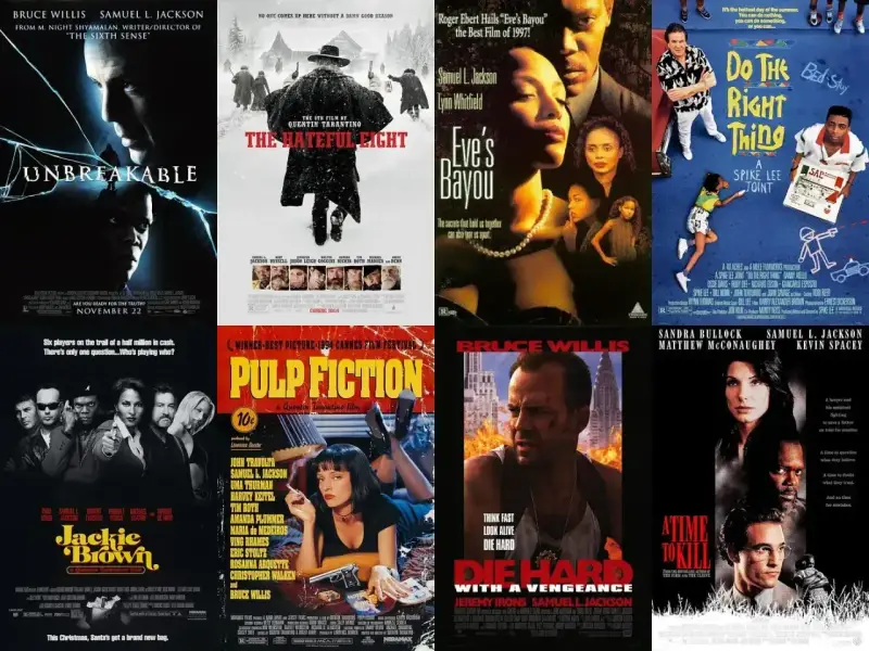 Kolaż plakatów filmowych z Samuel L. Jacksonem: "Unbreakable", "The Hateful Eight", "Eve's Bayou", "Do the Right Thing", "Jackie Brown", "Pulp Fiction", "Die Hard with a Vengeance", "A Time to Kill".